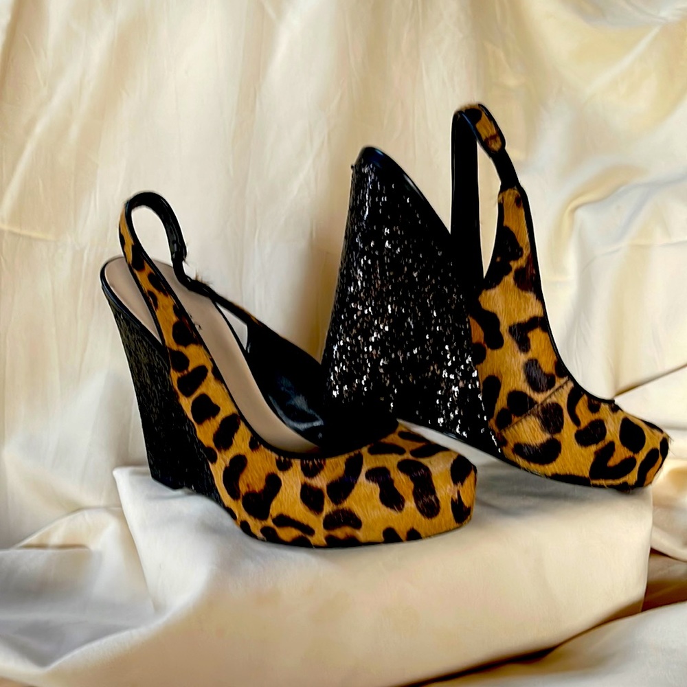 GUESS leopard slingback wedges, 7.5